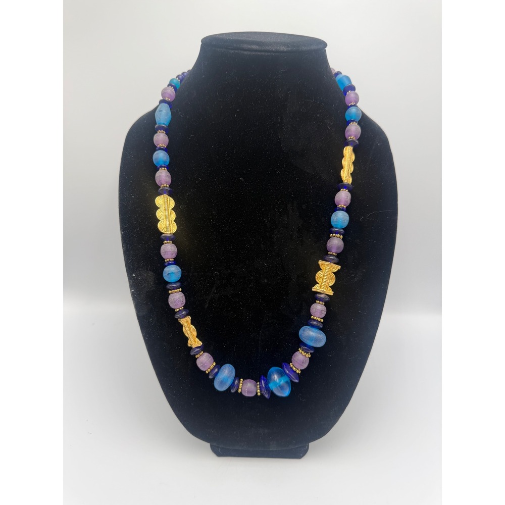 Artisan Blue Purple Frosted Glass Bead Necklace Gold Tone Accents S-Hook Clasp